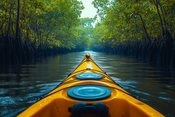 Fototapeta premium Kayak in the river among the mangrove forest, Selective focus yellow kayak in forest canal.