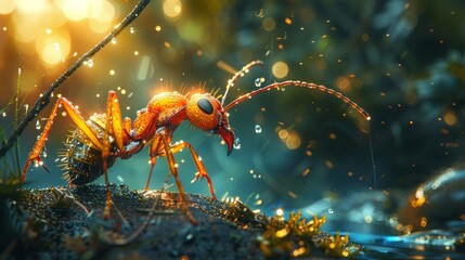 Ant Team Fishing with Rod in Action: Tiny Insects Working Together in Nature's Playground