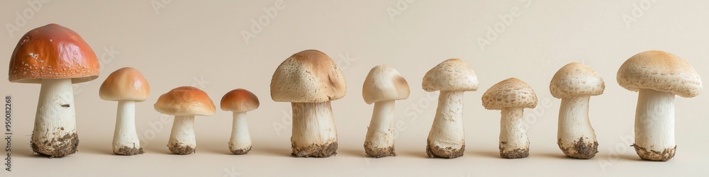 Poster a row of mushrooms are lined up on a table. the mushrooms are of different sizes and shapes, with so