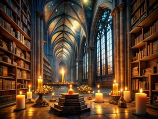 Obraz premium dramatic candlelit overflowing bookcathedral mysteriousnights