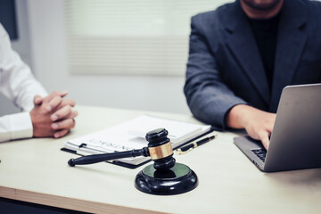 Two lawyers consult in a modern office, presenting compelling arguments and demonstrating their...