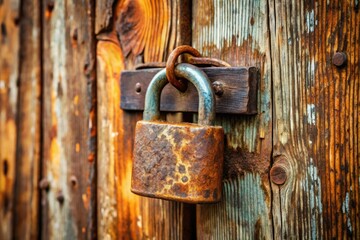 Cracked, rusted padlock hanging from a worn, wooden cabinet, representing the barriers and obstacles faced by those with low credit reports.