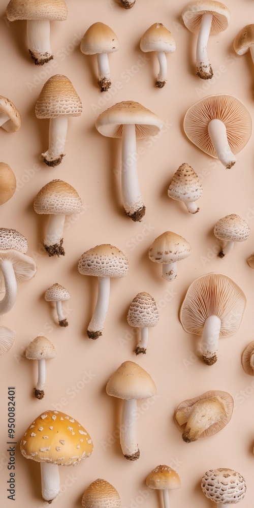Poster a close up of many mushrooms of various sizes and shapes. the mushrooms are arranged in a pattern on