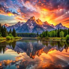 A mountain is reflected in a lake with trees and clouds in the background