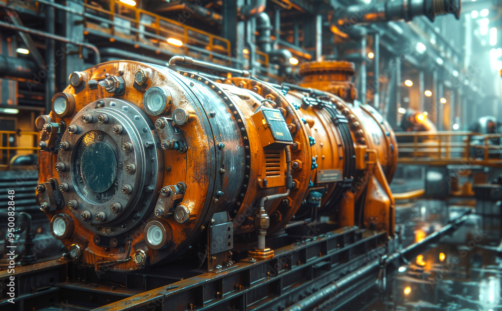 Poster a large orange machine with many bolts and nuts. the machine is in a factory setting. scene is indus