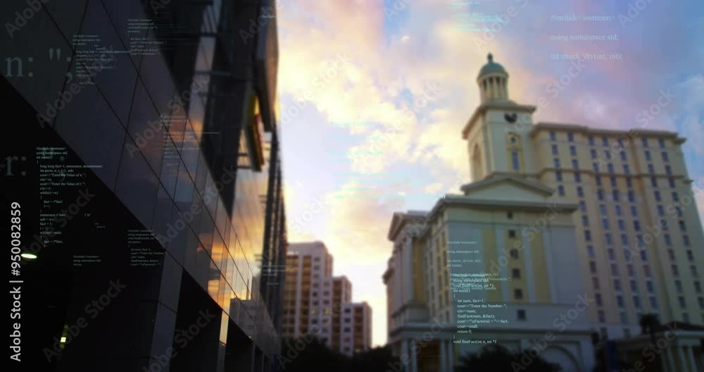 Poster computer code animation over urban cityscape with modern and classical buildings