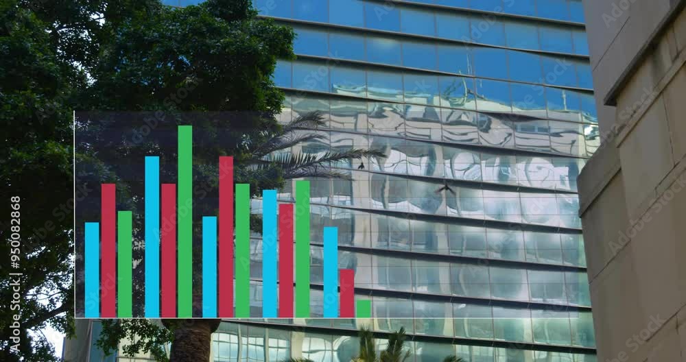 Aufkleber bar chart animation over modern glass building with tree and palm in foreground