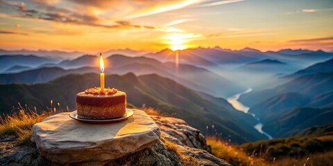 A birthday cake with a single candle on a mountain peak at sunrise