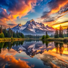 A mountain is reflected in a lake with trees and clouds in the background