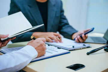 Two lawyers consult in a modern office, presenting compelling arguments and demonstrating their...