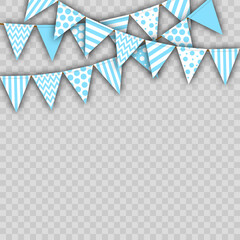 Obraz premium holiday flags, vector illustration of several streamers with triangular flags en blue tones. isolated. design element for cards, greetings, a holiday for a boy