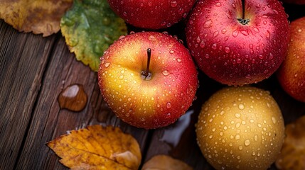 Autumn fruits with water drops on a piece of wood. Top view.