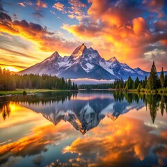 A mountain is reflected in a lake with trees and clouds in the background