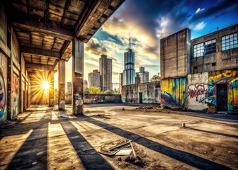 Urban gritty industrial concrete jungle cityscape gritty urban textures rough raw concrete harsh shadows graffiti rebellious youth attitude