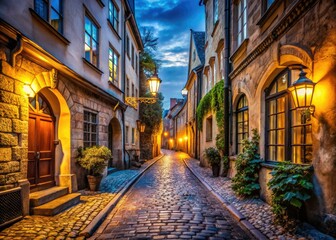 Fototapeta premium narrow cobblestone street medieval European architecture old town mysterious alleys dim warm lighting ancient history cinematic atmosphere