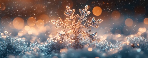 A stunning snowflake delicately rests on a bed of shimmering snow, illuminated by warm bokeh lights for a magical winter scene.