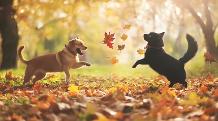 Two dogs play in a field of fall leaves. 