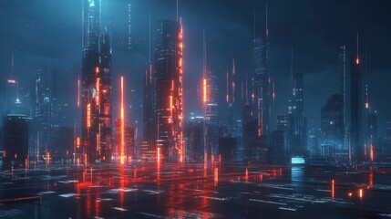 Fototapeta premium A mesmerizing futuristic cityscape featuring towering skyscrapers illuminated by vibrant holographic displays and glowing neon lights.