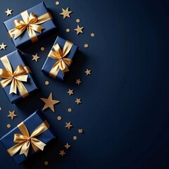Christmas background with blue gift box and golden bows