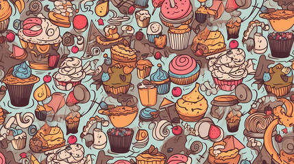 Sweets and fruits as background in 2D illustration.