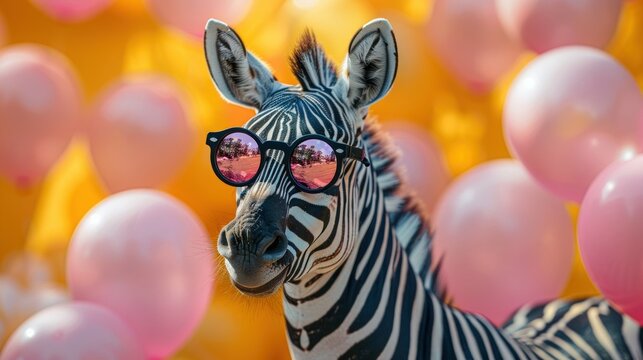 Zany Zebra Birthday Card with Pink Foil Balloons on Vibrant Yellow Background