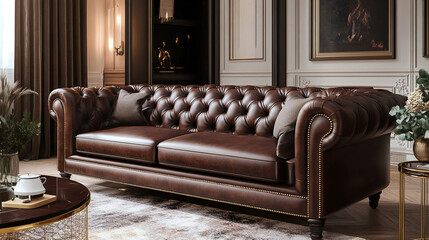 Naklejka premium A photo of a brown leather sofa in a living room finished with a mid century modern interior. Generative AI 