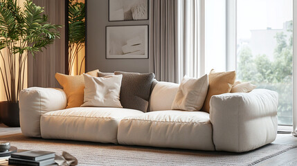 Minimalist, modern Scandinavian interiors in living rooms with sofas and fluffy cushions. Generative AI
