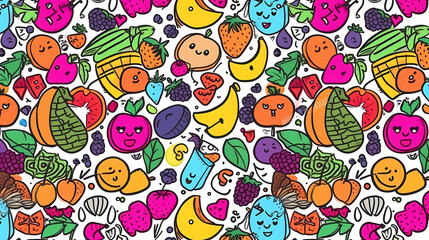 Sweets and fruits as background in 2D illustration.