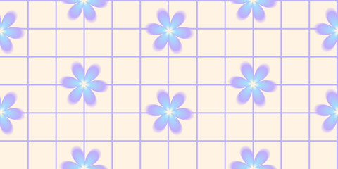 Seamless checkered pattern with blurry aura flowers in purple and blue colors. 2000s gradient illustration for textile, wrapping paper, background,  fabric, wallpaper, cover, print design. Vector