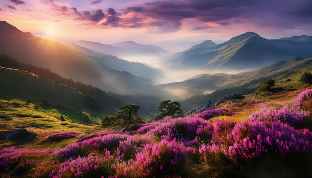 Zamglona g&oacute;rska dolina, wrzosowisko - obraz, fototapeta