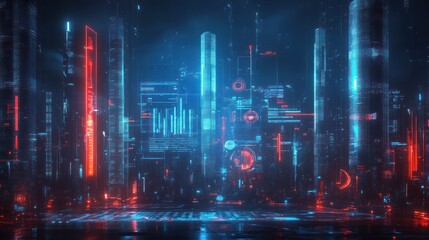 Fototapeta premium Explore a vibrant futuristic cityscape illuminated by holographic charts, neon lights, and a mesmerizing digital ambiance that feels alive.