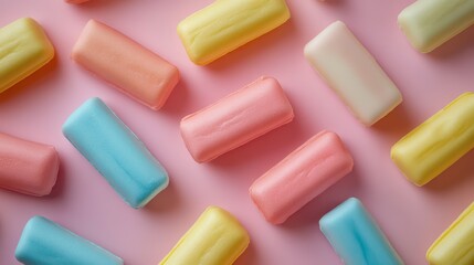 Colorful marshmallow candies arranged on a pink background
