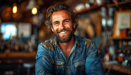 Obraz premium A man with a beard and a blue shirt is smiling. He is sitting at a bar. The bar has a lot of items on it, including a TV, a clock, and a few cups