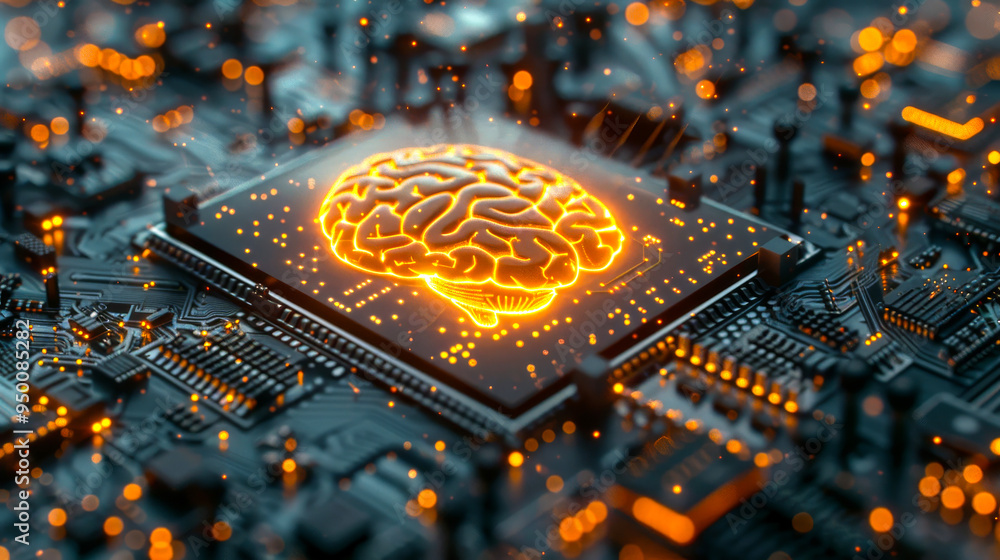 Poster a computer chip with a brain on it. the brain is glowing orange. concept of technology and intellige