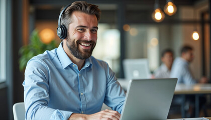 Smiling businessman with headset working on laptop in modern office setting, office concept, company meeting online,   