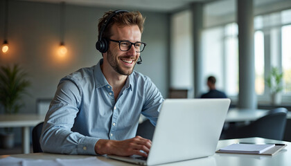 Smiling businessman with headset working on laptop in modern office setting, office concept, company meeting online,