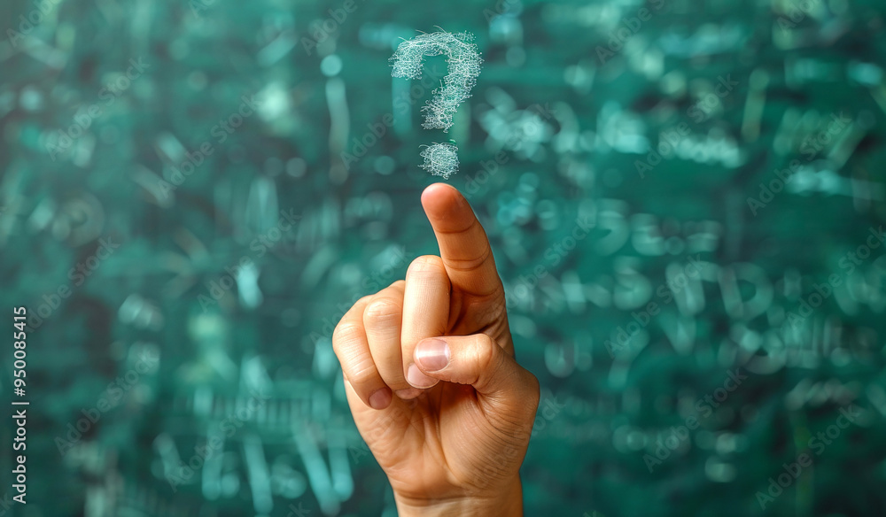 Poster a hand pointing at a chalkboard with a question mark. the chalkboard has a lot of numbers and equati