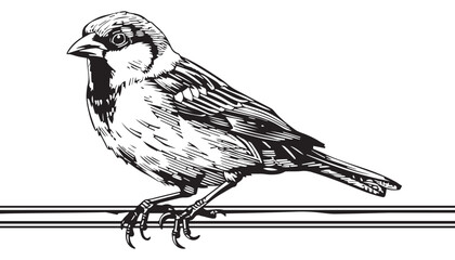Fototapeta premium Vintage Engraved sparrow Bird on Branch Vector Illustration in Woodcut Style with Detailed Sketch