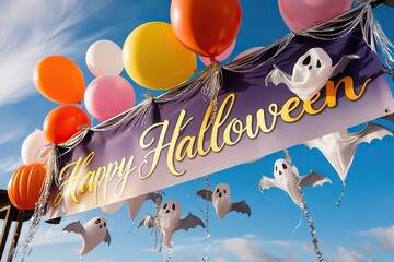 Cheerful Halloween Banner with Ghost, Pumpkin, and Bat-Shaped Balloons