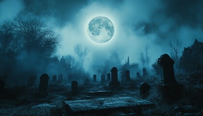 Eerie graveyard at midnight, ancient, cracked tombstones, dense fog, glowing full moon, high detail, gothic and haunting atmosphere