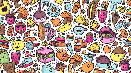 Sweets and fruits as background in 2D illustration.