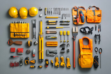 A well-organized collection of construction tools and safety gear laid out on a gray surface in preparation for a building project