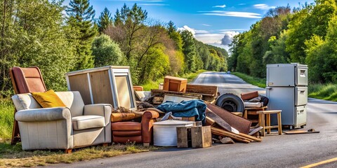 An image showing various bulky waste items such as old furniture, appliances, and tires discarded on the side of the road