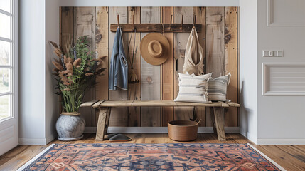 Wooden bench with wall-mounted coat rack. Interior styling.