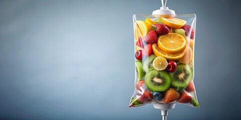 IV drip bag filled with vitamin-infused fruit saline solution for health and wellness concept