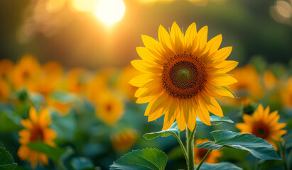 A single yellow sunflower is the main focus of the image, surrounded by many other yellow flowers. The sunflower is the center of attention, drawing the viewer's eye to it