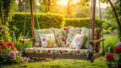 Vintage garden swing with floral patterned cushions hanging gracefully among green foliage