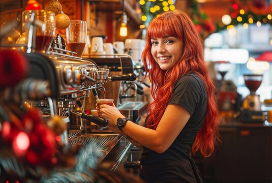 Christmas cafe shop. Staff worker in restaurant. Coffee business background. Woman barista with pink hair. Waitress employee or owner in small Xmas cafeteria banner. City job. Happy girl work in bar
