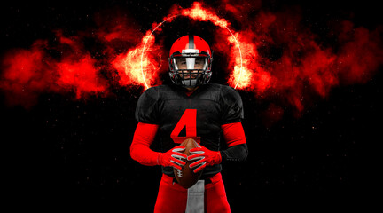 American football player, athlete sportsman in red helmet on stadium background. Sport and motivation wallpaper.