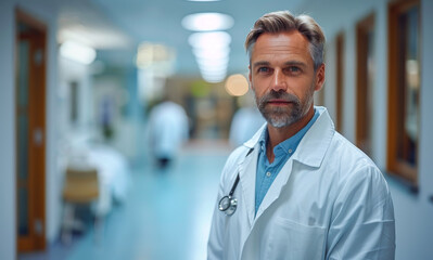 Obraz premium A man in a white lab coat stands in a hospital hallway. He is wearing a blue shirt and has a beard